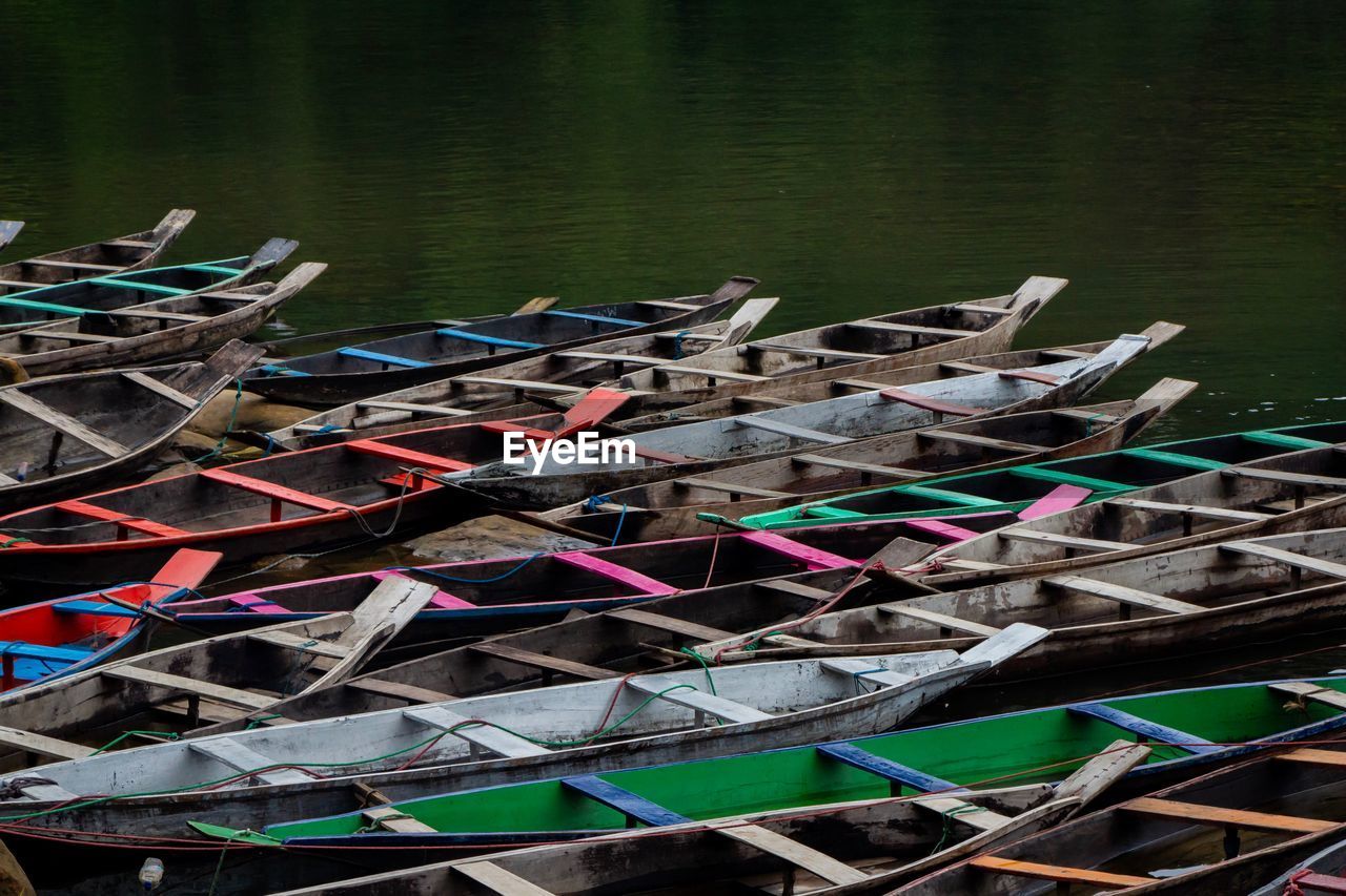 High angle view of boats moored in lake