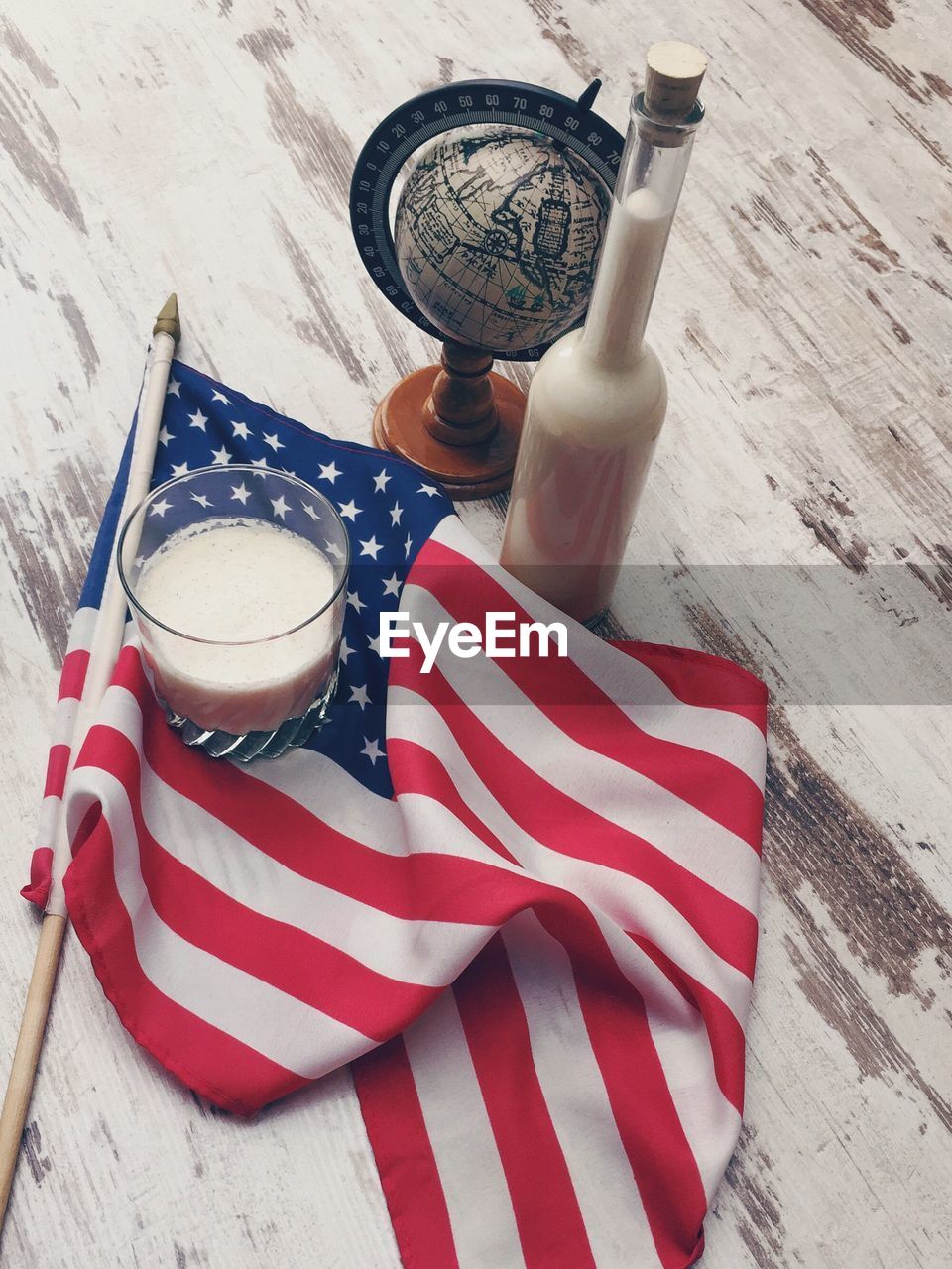 High angle view of drink and american flag on table