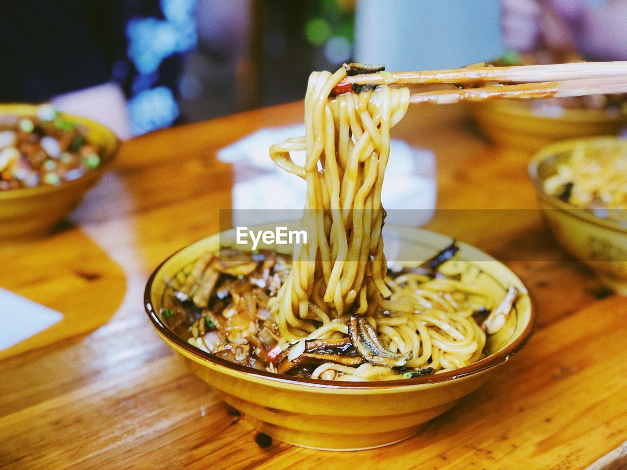 Close-up of noodles served in bowl on table