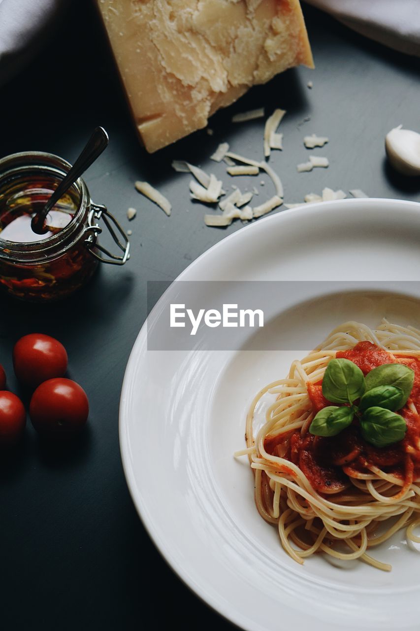High angle view of fruit salad in plate on table