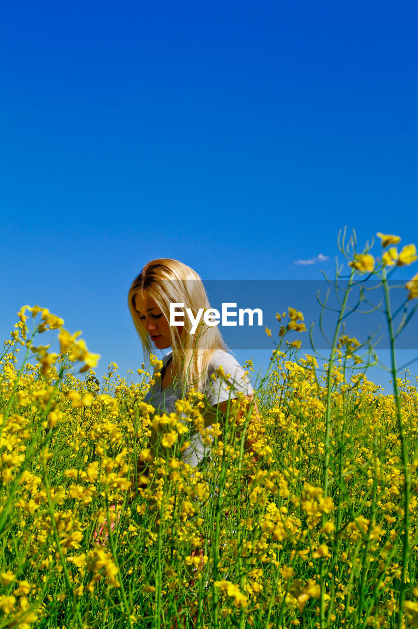 Woman standing amidst oilseed plants on field against clear blue sky