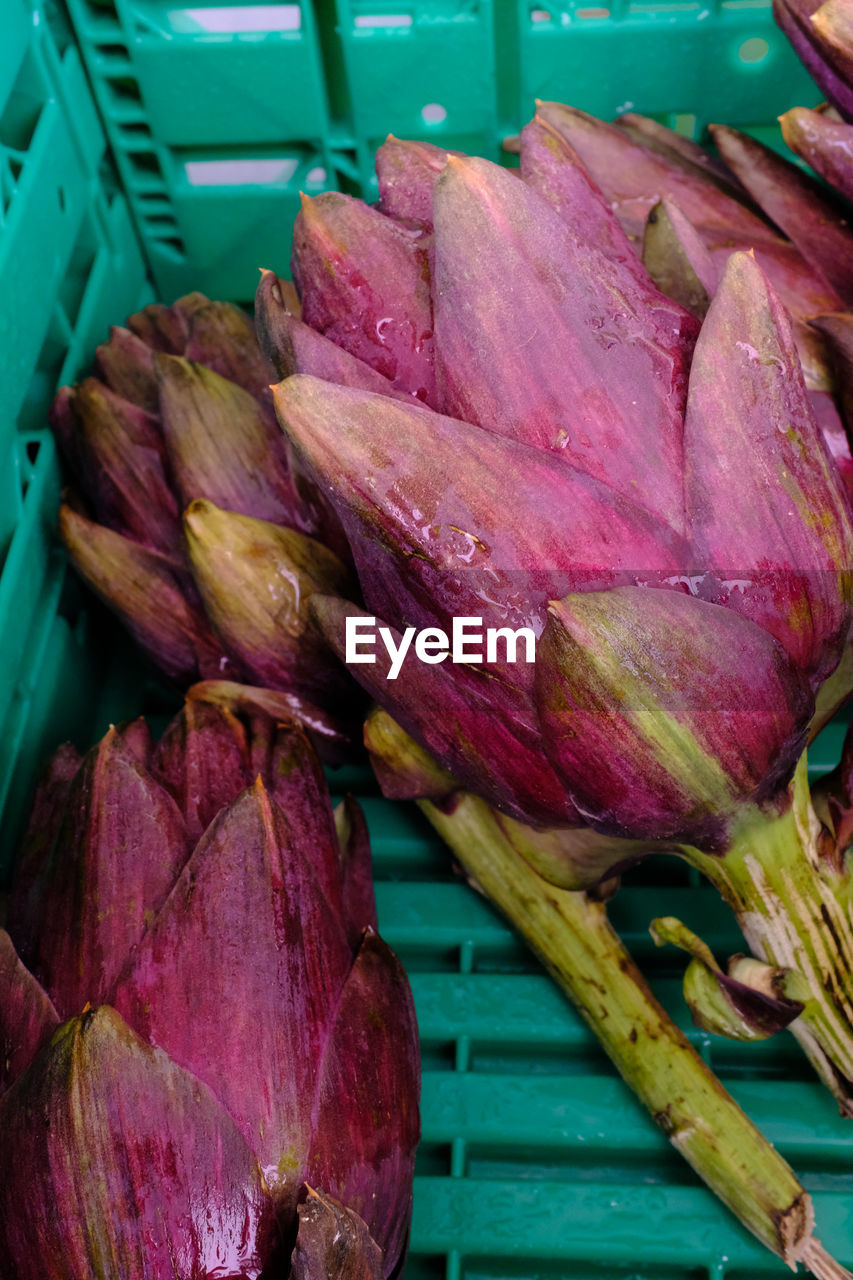 HIGH ANGLE VIEW OF VEGETABLES IN MARKET STALL