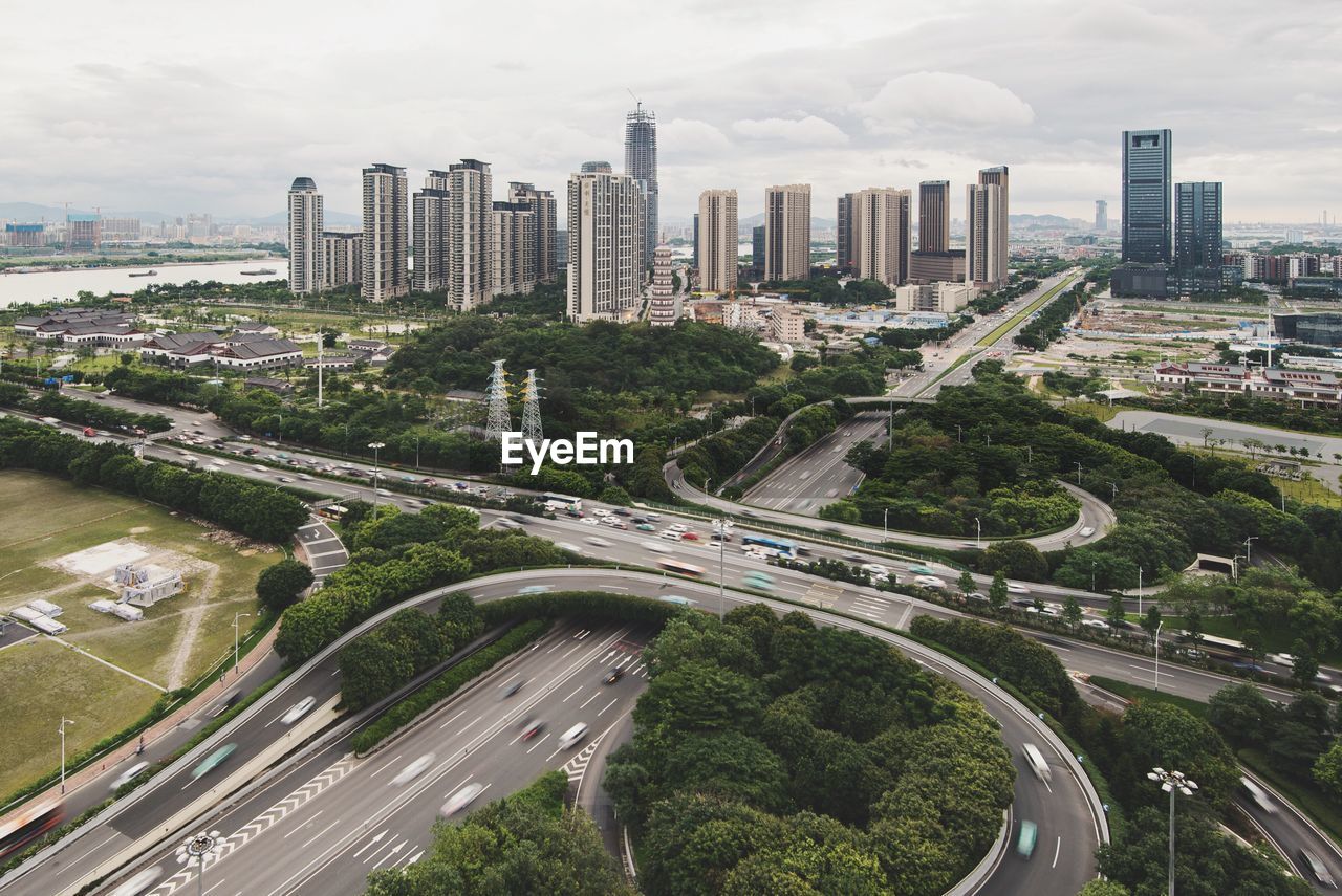 High angle view of traffic on road in city