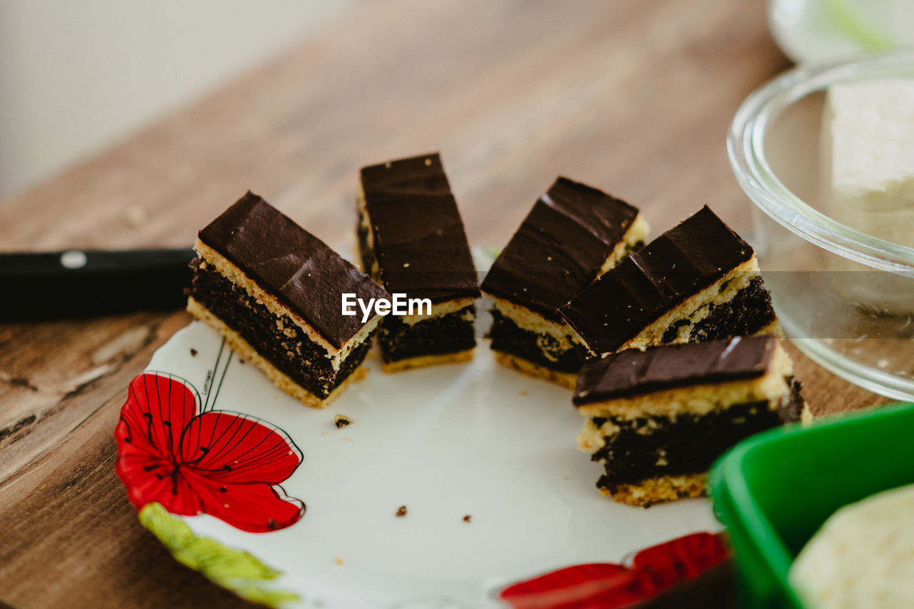 High angle view of dessert on table