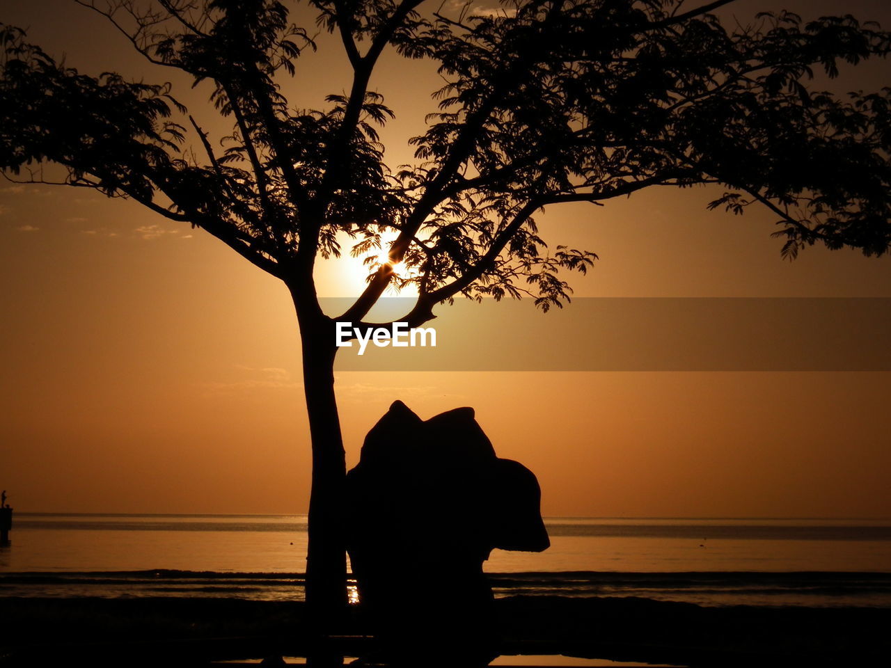 Silhouette tree and sculpture by beach at sunset