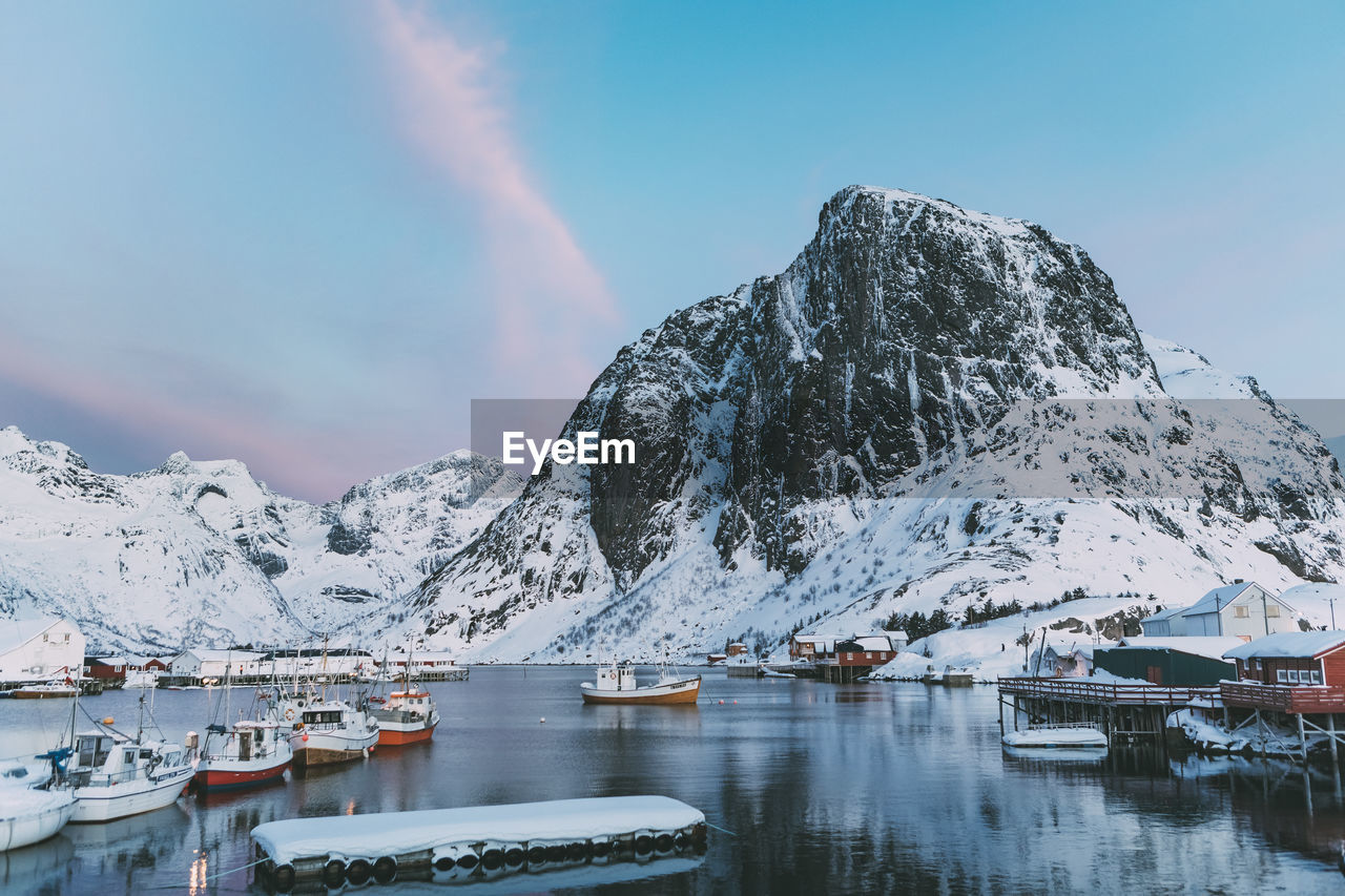 Scenic view of snowcapped mountains against sky during winter