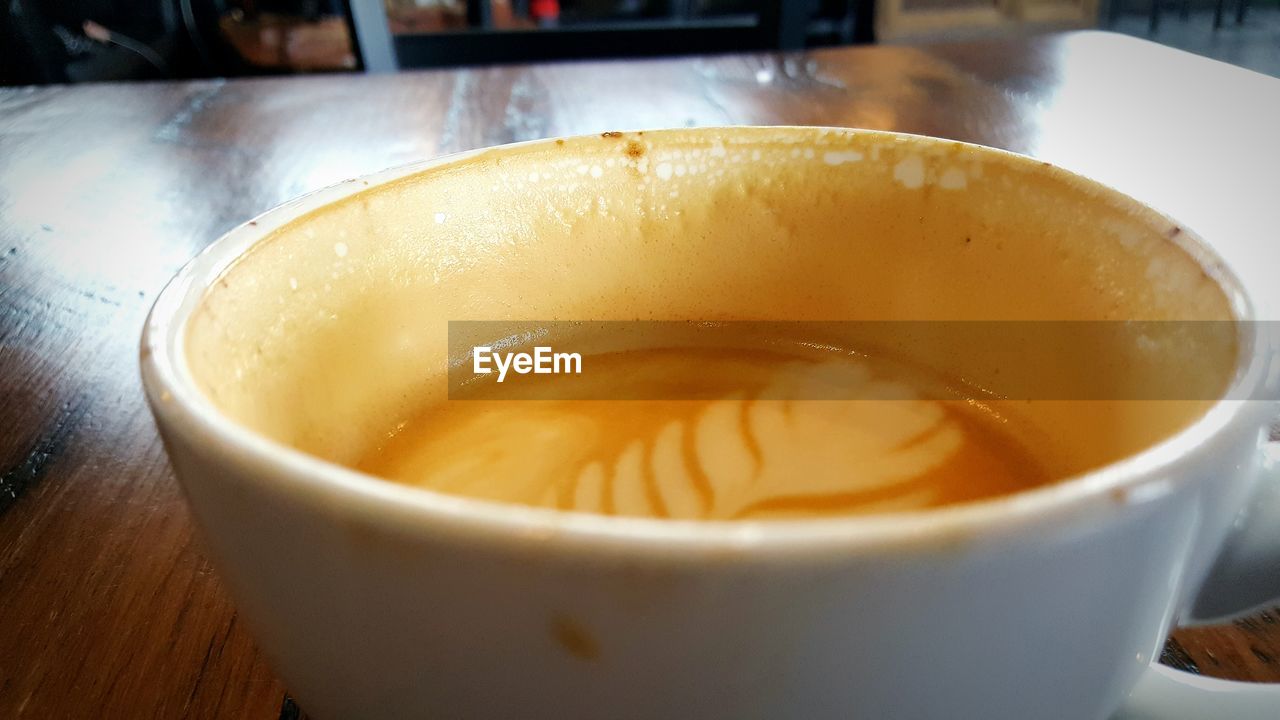 CLOSE-UP OF COFFEE CUP ON TABLE