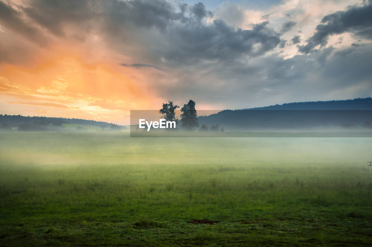 Scenic view of field against sky during sunset and fog
