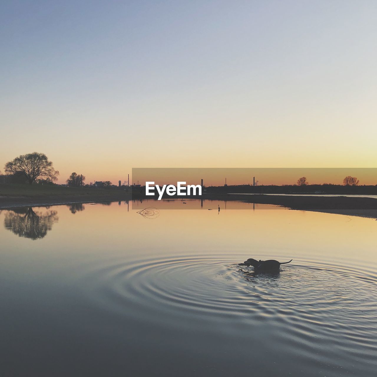 Scenic view of lake against clear sky during sunset