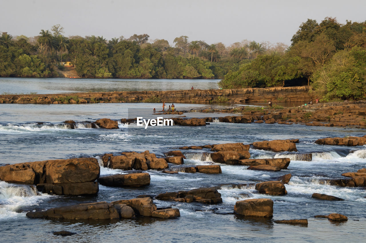 Scenic view of river by trees against sky