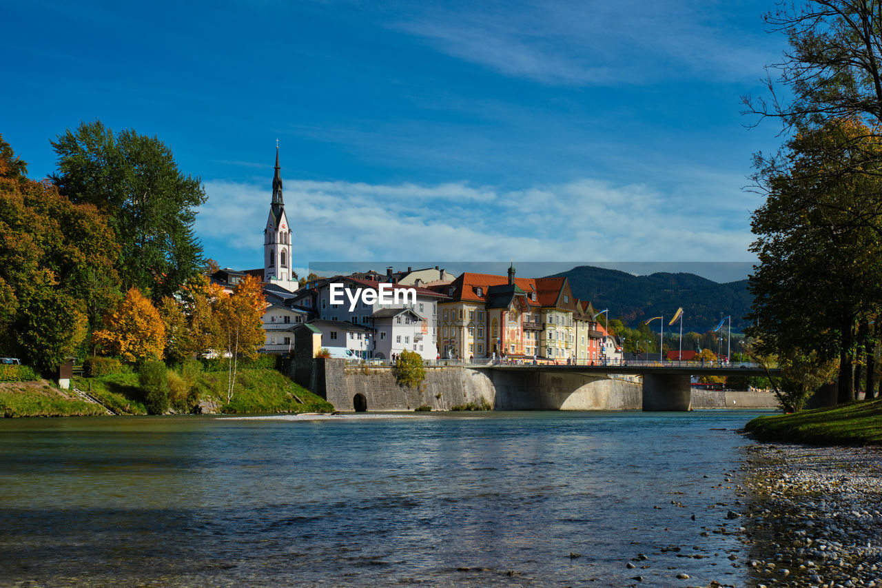 Bad tolz - picturesque resort town in bavaria, germany in autumn and isar river