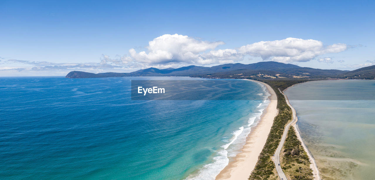 Aerial view of the neck, an isthmus connecting north and south bruny island in tasmania, australia