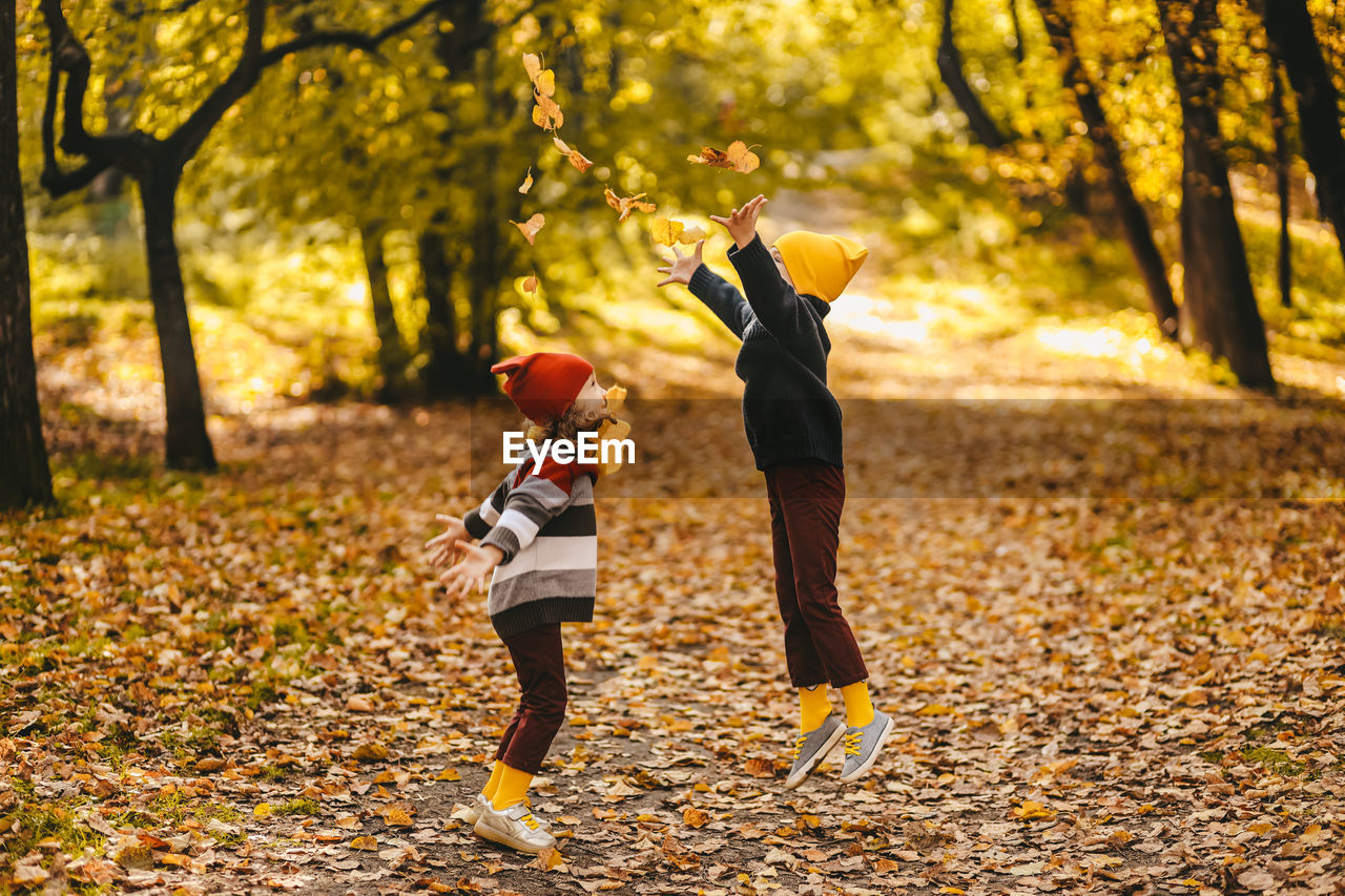 Happy cheerful children in warm clothes have fun walking running in autumn park playing with leaves