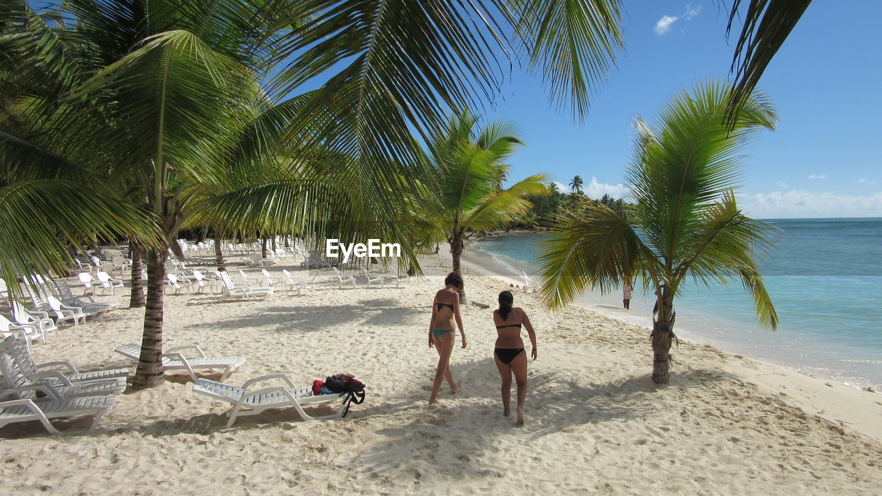 Rear view of women walking on sandy beach