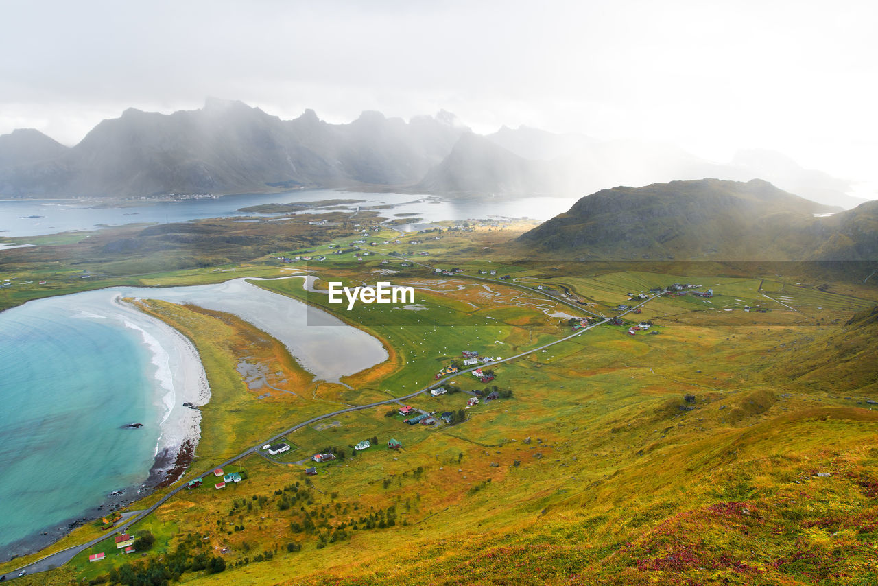 Panoramic view from mountain top over beach and countryside at the coast in lofoten norway