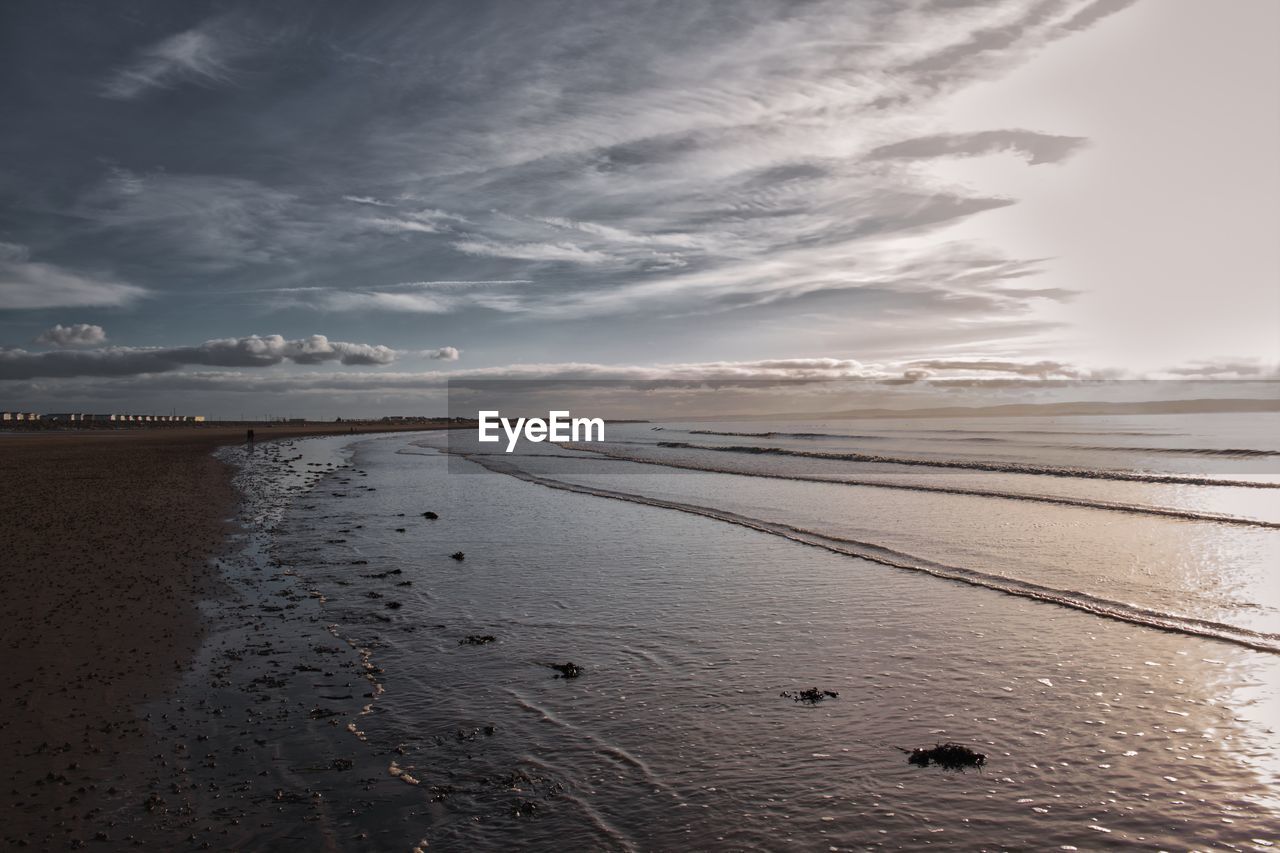 Scenic view of beach against sky during sunset