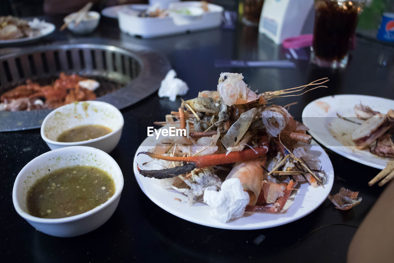 Remains of food in plate on table