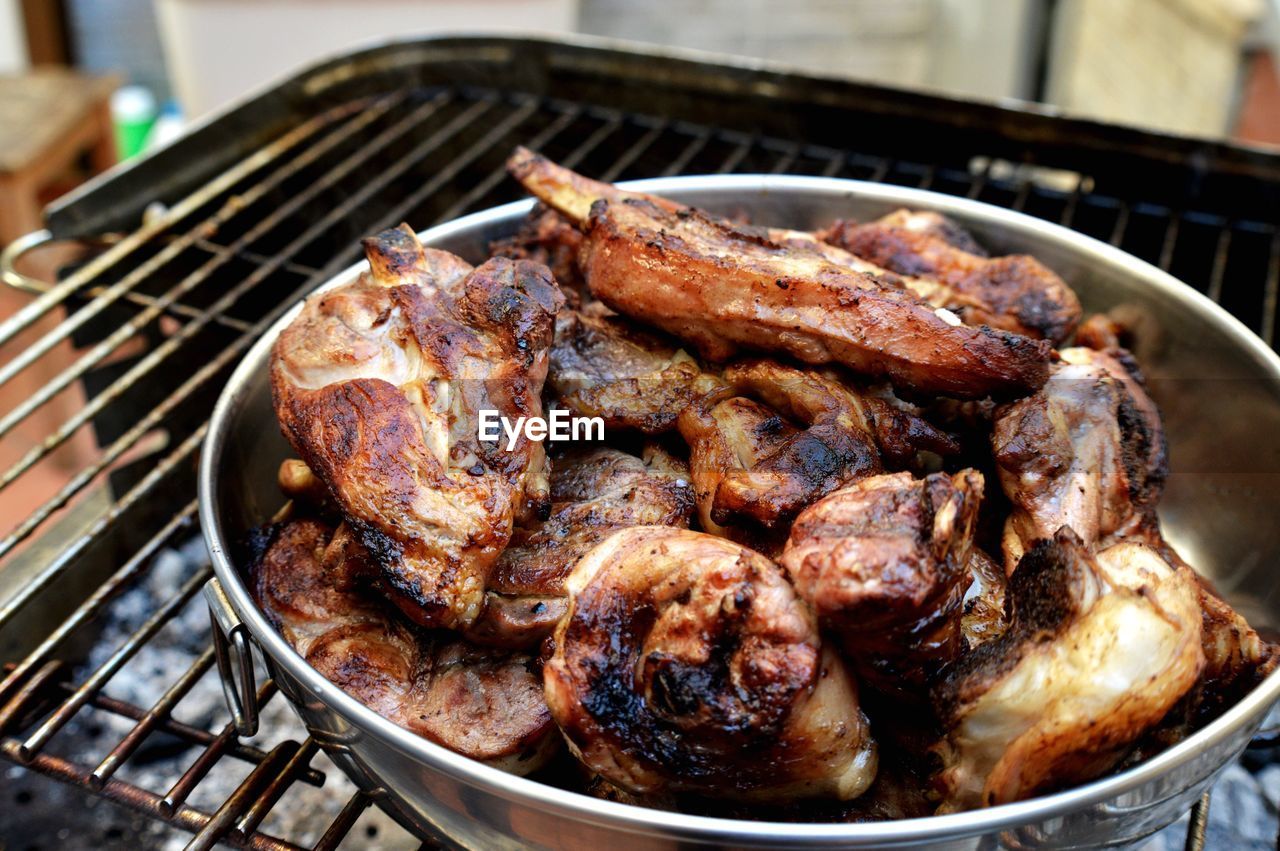 High angle view of meat in cooking pan on barbecue grill