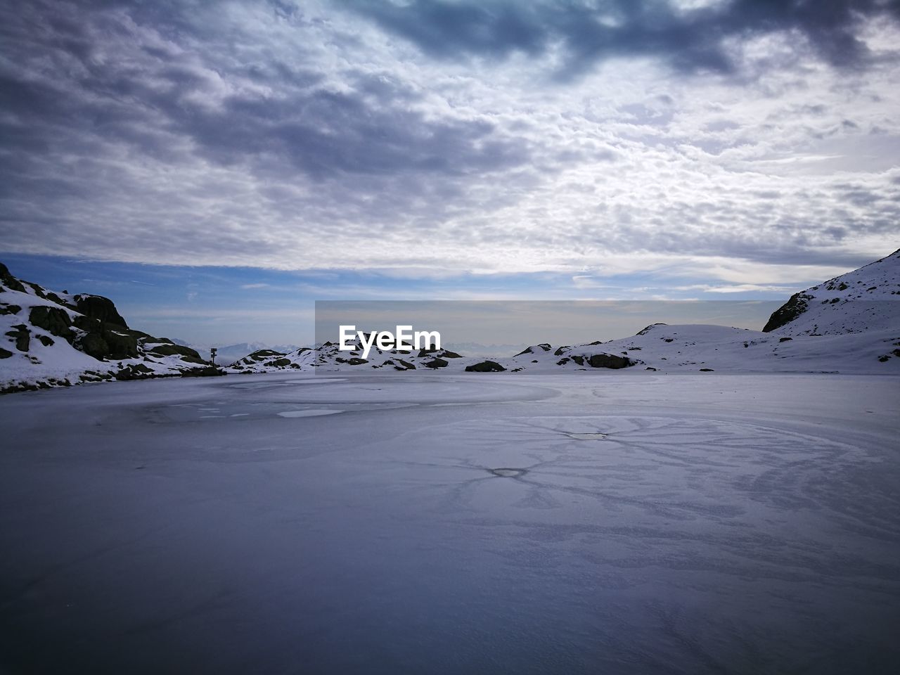 Scenic view of snow covered landscape against sky