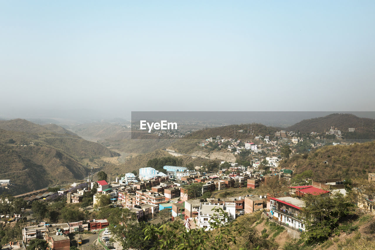 High angle view of townscape against clear sky