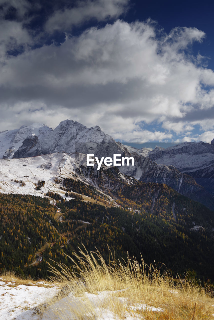 Scenic view of mountains against sky during winter