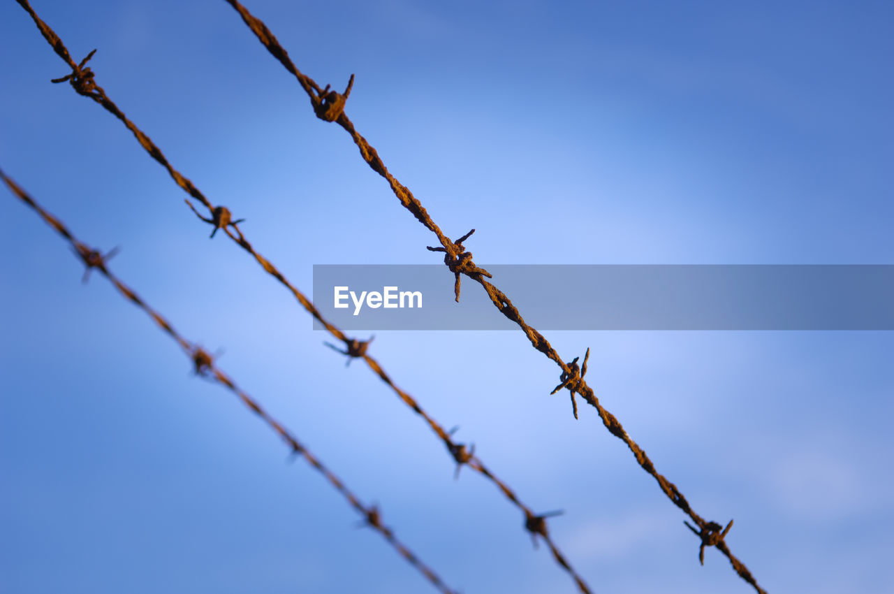 LOW ANGLE VIEW OF BARBED WIRE ON FENCE AGAINST BLUE SKY