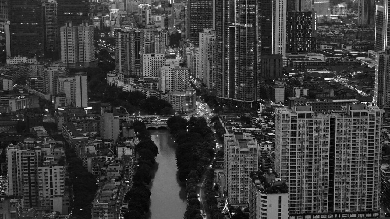 High angle view of skyscrapers in city