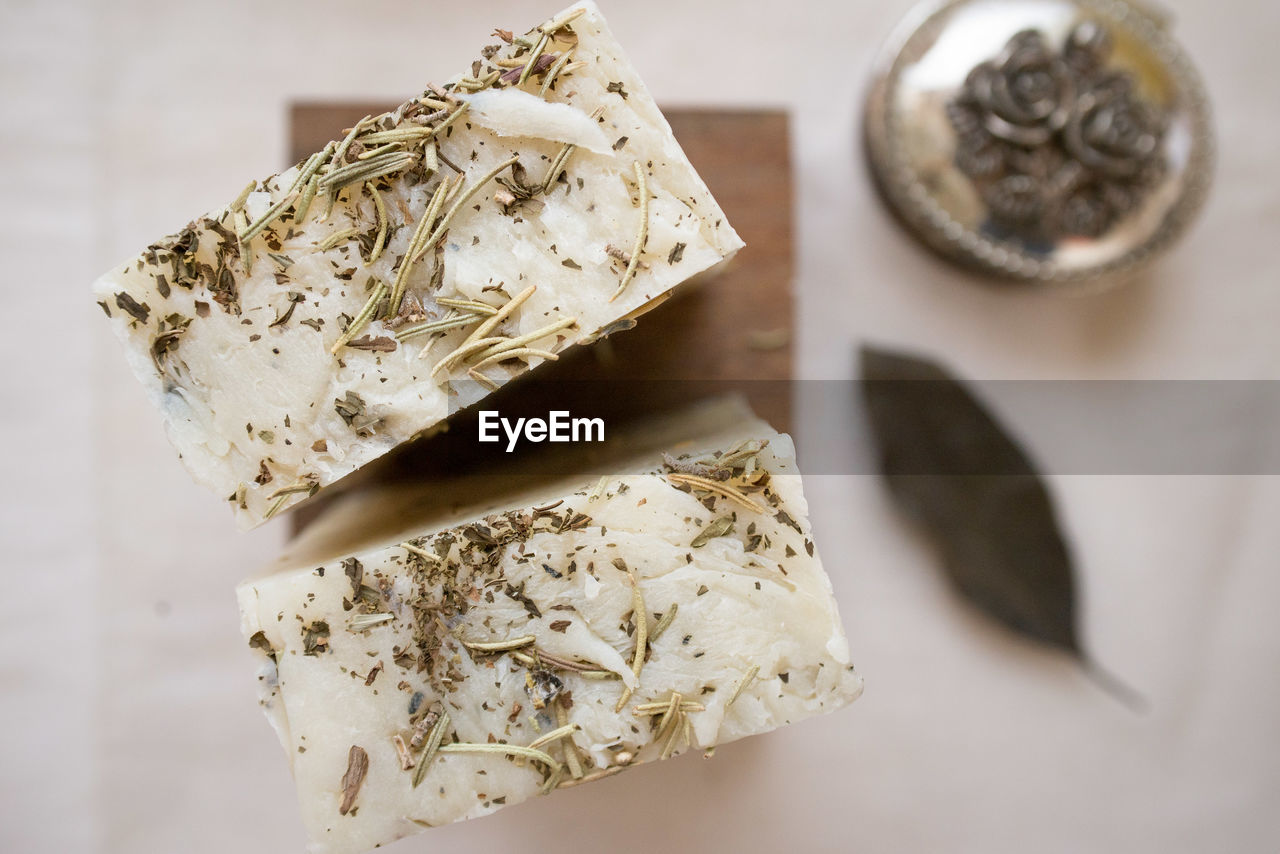High angle view of handmade bar of soap on table