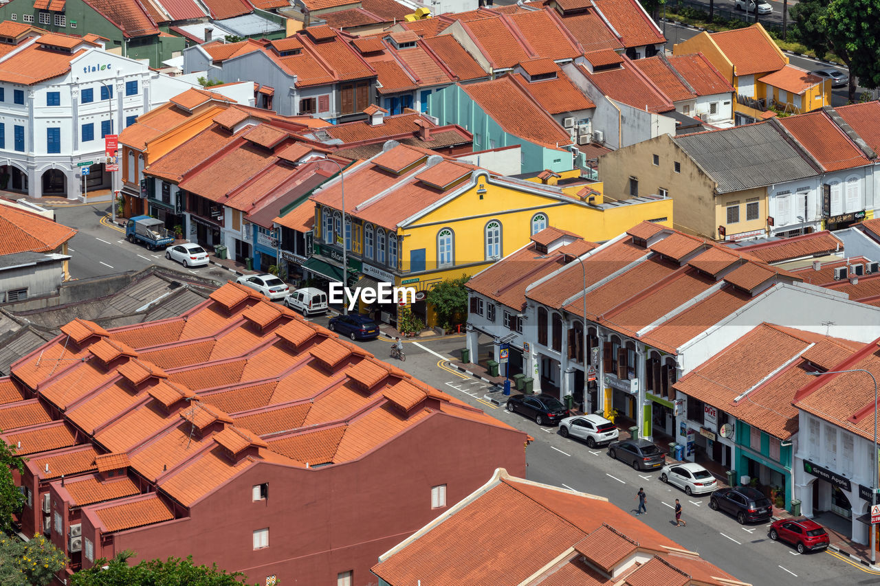 High angle view of houses in town