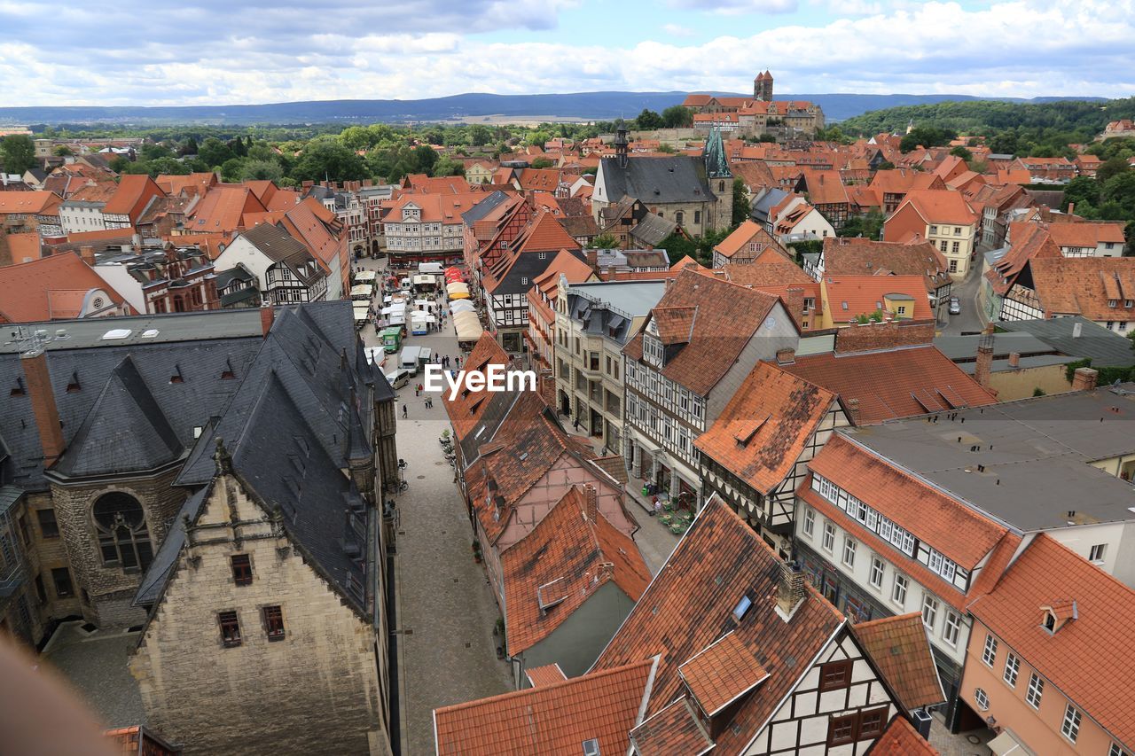 High angle view of buildings in city