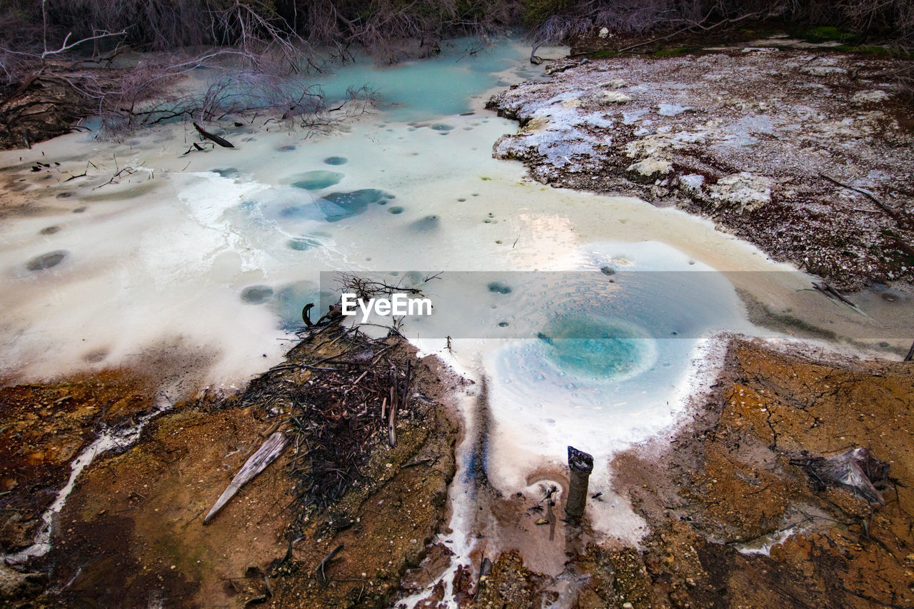 High angle view of boiling water at geyser