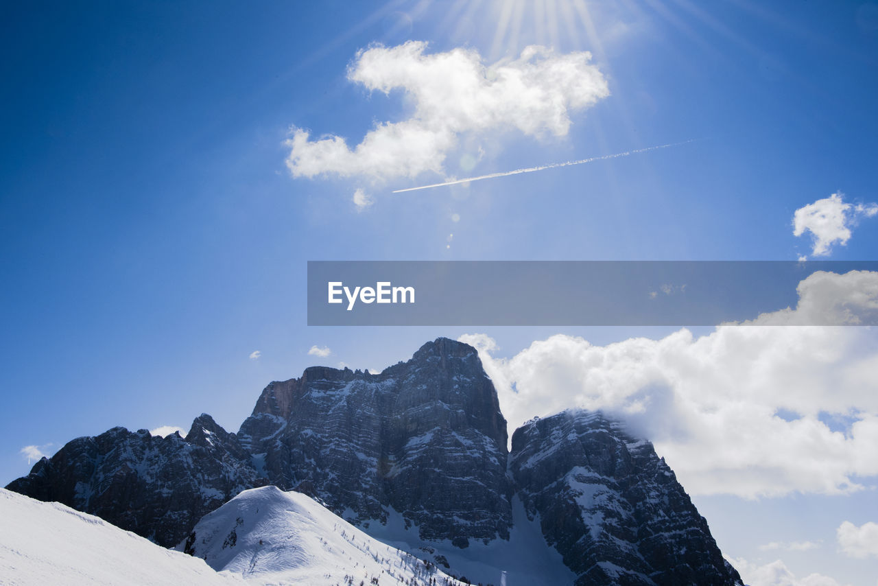 LOW ANGLE VIEW OF SNOWCAPPED MOUNTAIN AGAINST SKY