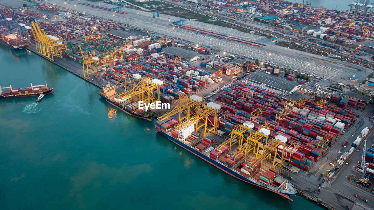 Aerial high angle view of container cargo ship and shipping port in the export and import industry 