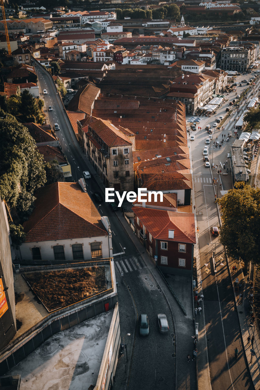 High angle view of street amidst buildings in city