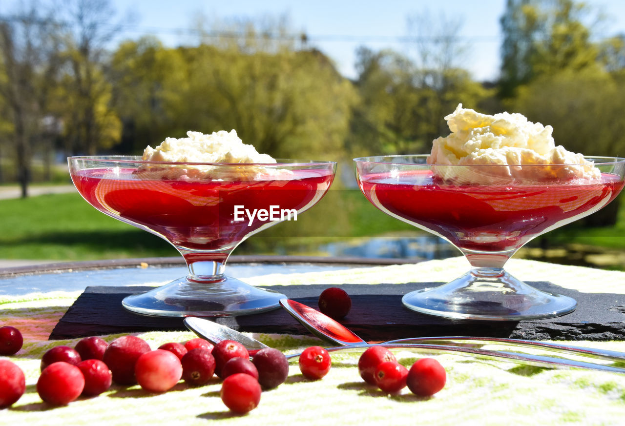 CLOSE-UP OF ICE CREAM WITH JUICE ON GLASS