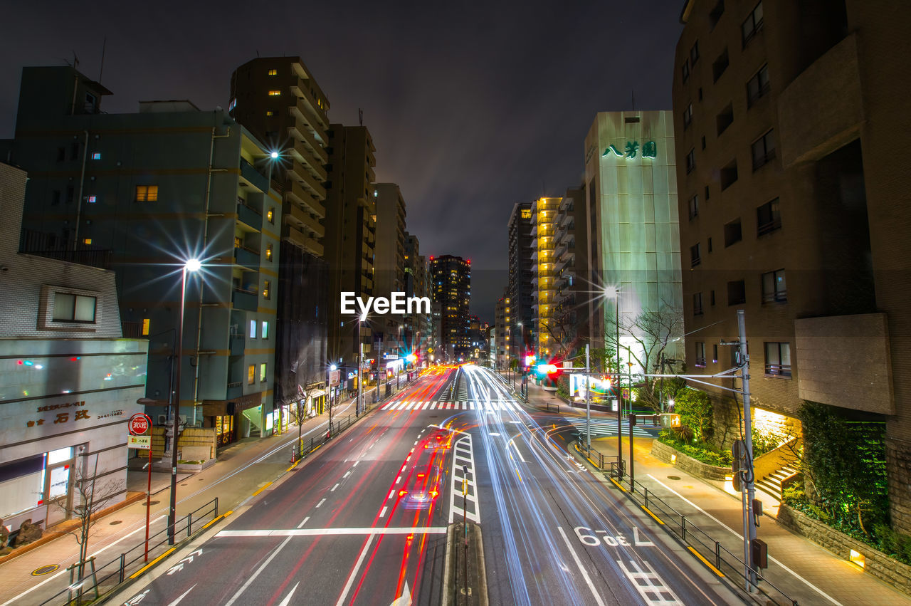 High angle view of city street at night