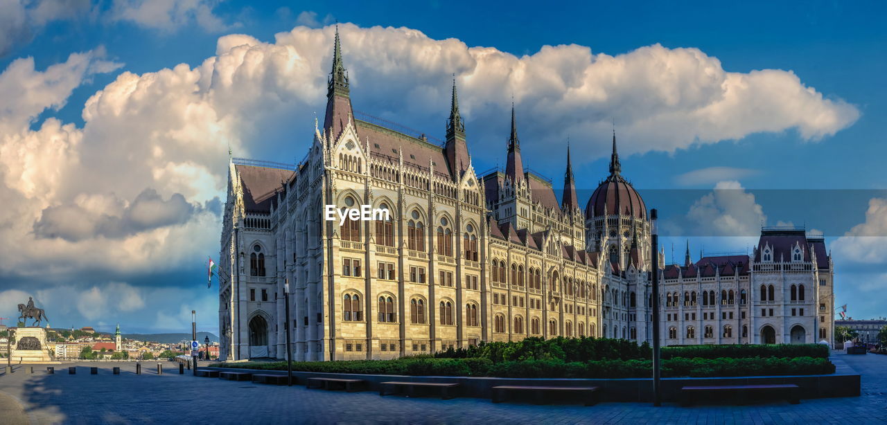 Parliament building on the embankment of budapest, hungary, on a sunny summer morning