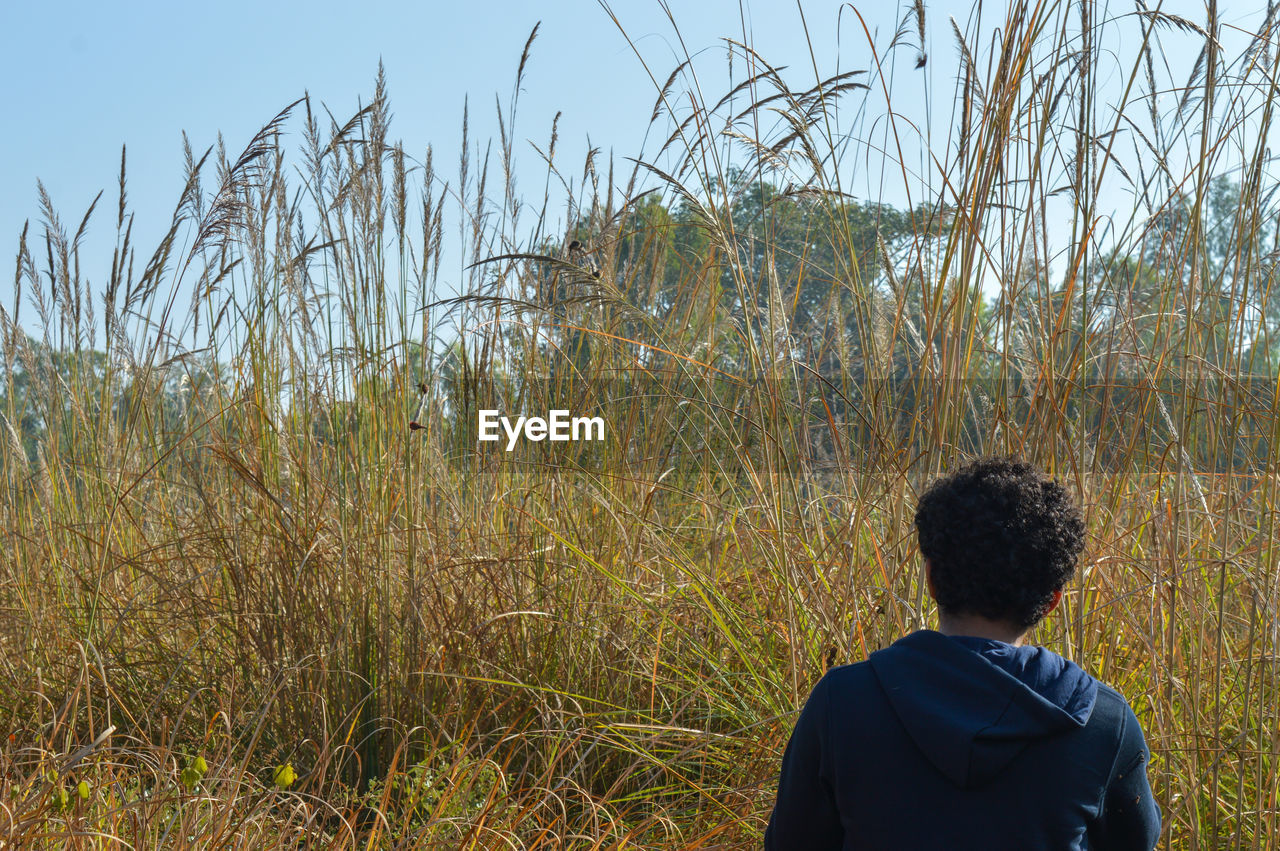 REAR VIEW OF MAN STANDING ON LAND