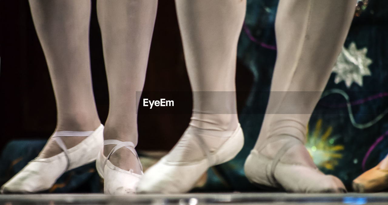 Low section of ballet dancers standing on tiptoe