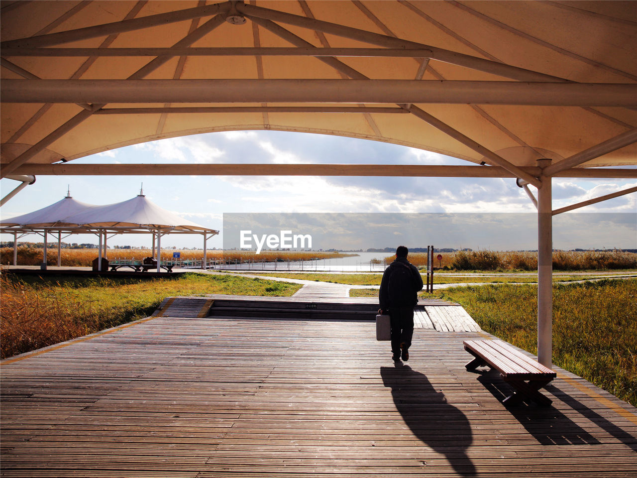 Rear view of man walking against sky