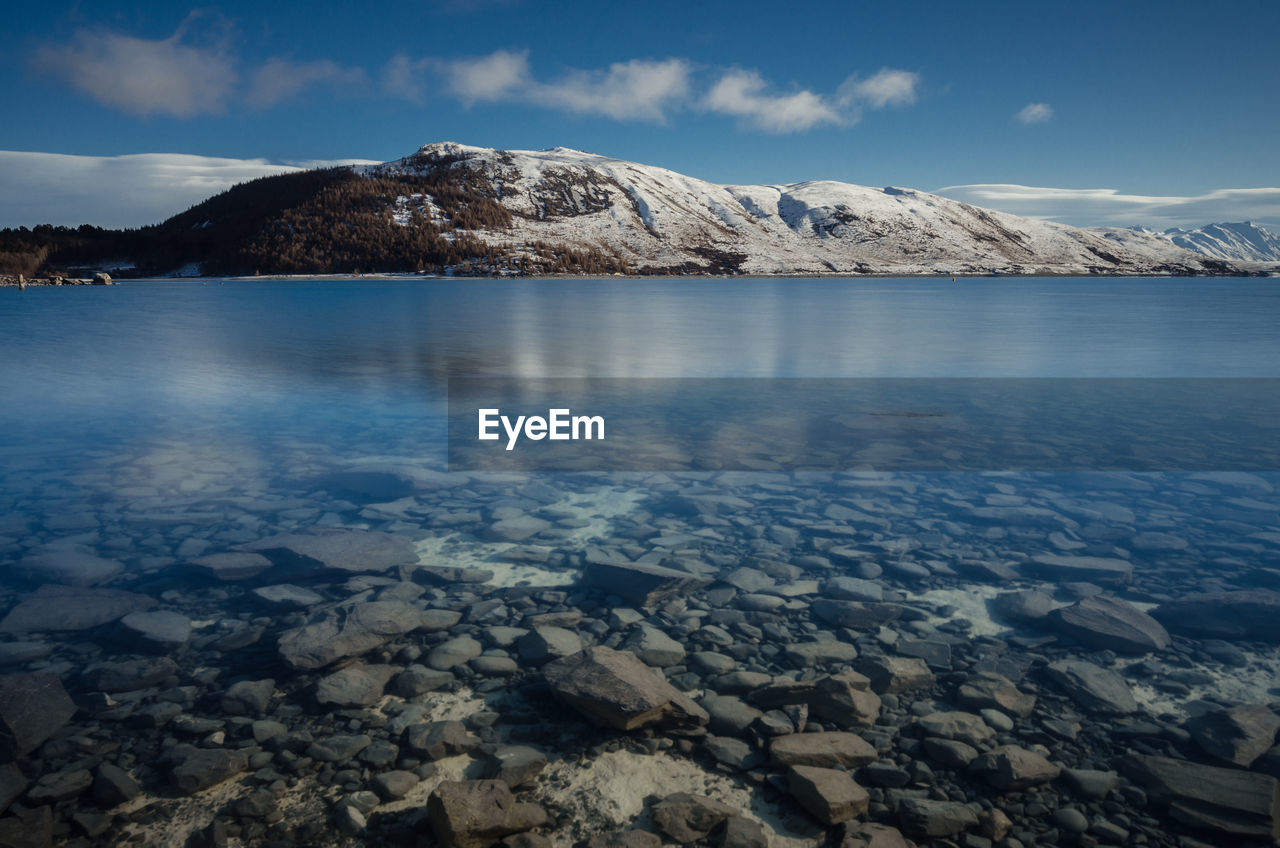 Scenic view of lake and mountains against sky