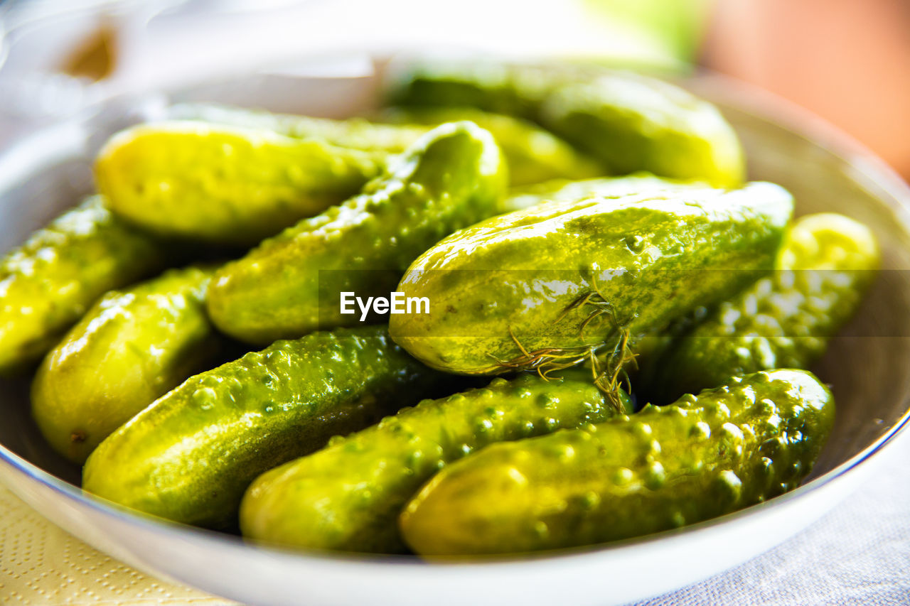 Pickled cucumbers with herbs and spices on white plate.homemade marinade cucumbers with spices