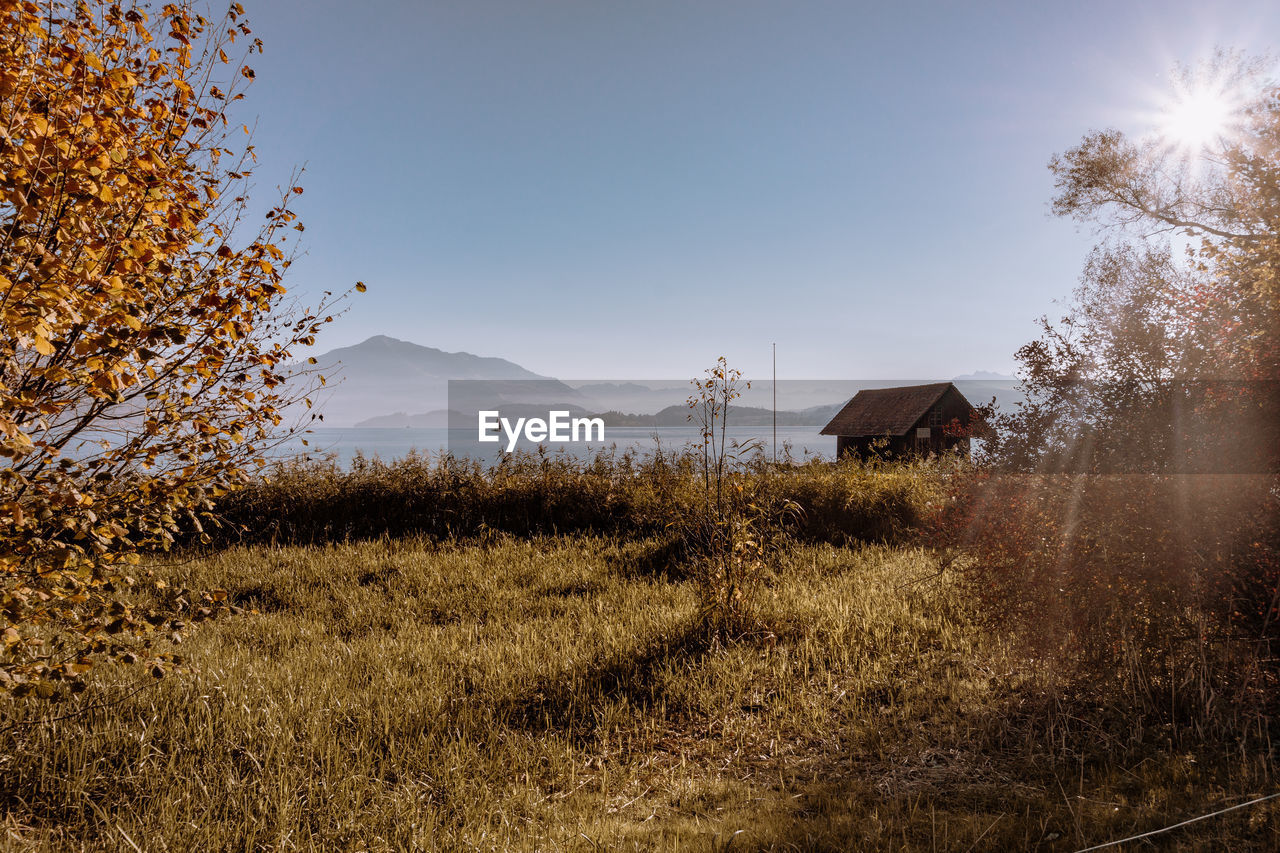 Scenic view of field against clear sky at zugersee 