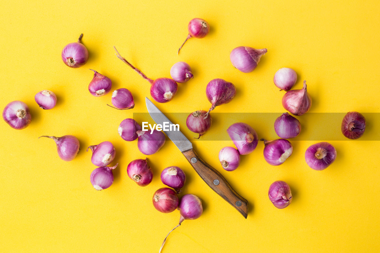 Fresh shallots-red onions on the yellow background-top view