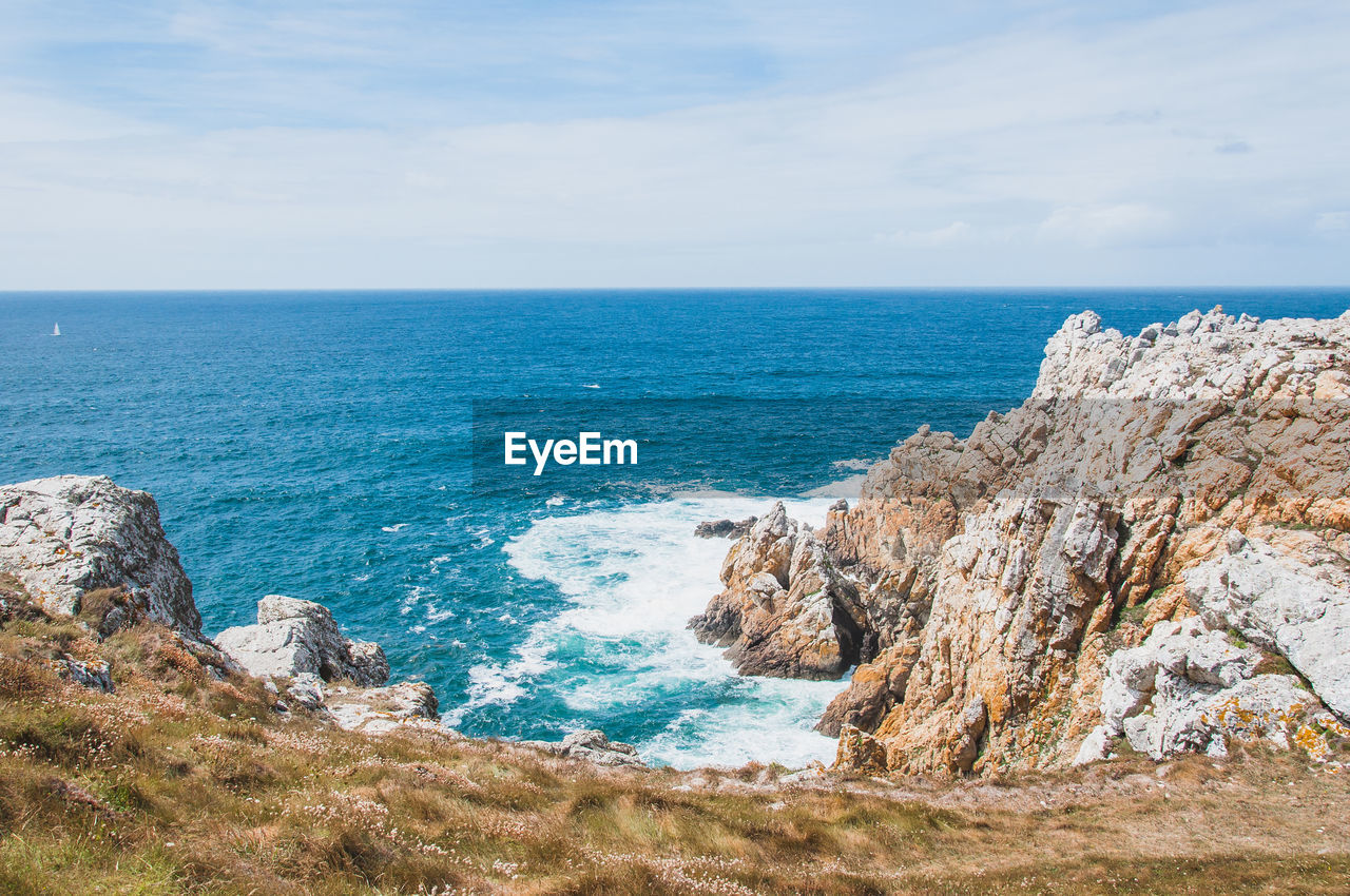 SCENIC VIEW OF SEA AND ROCKS AGAINST SKY