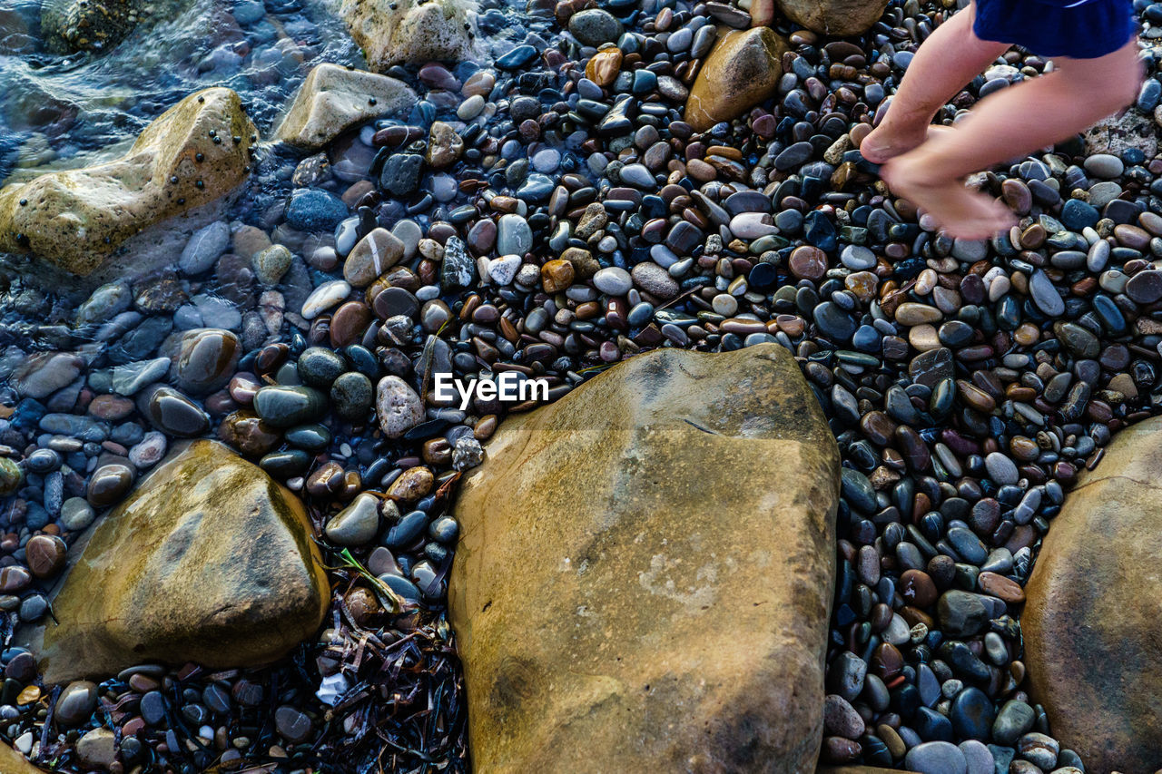 HIGH ANGLE VIEW OF PERSON STANDING ON BEACH
