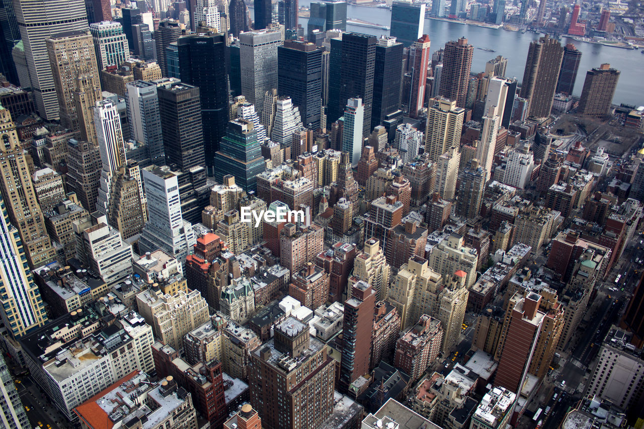 High angle view of modern buildings in city