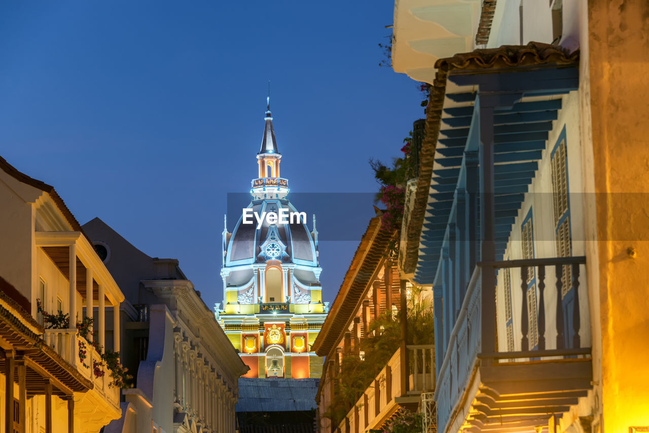 Illuminated cartagena cathedral at night