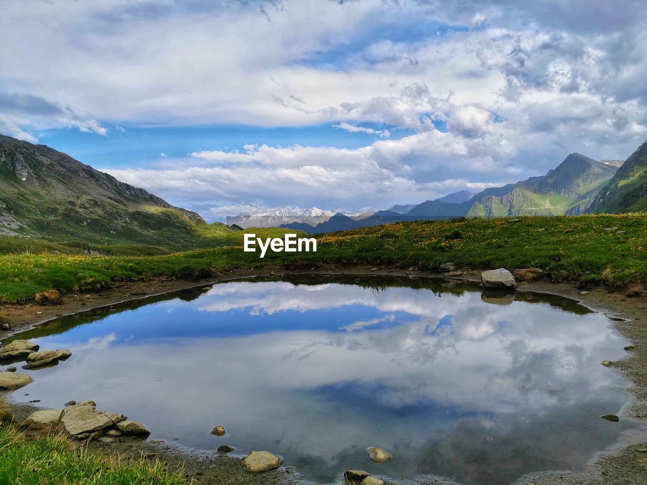 scenic view of lake by mountains against sky