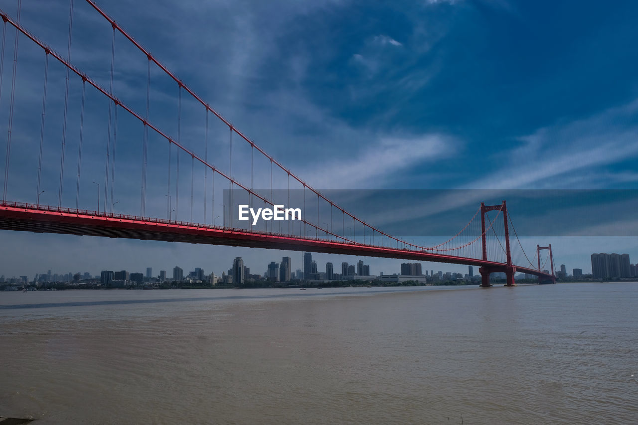 View of suspension bridge against cloudy sky